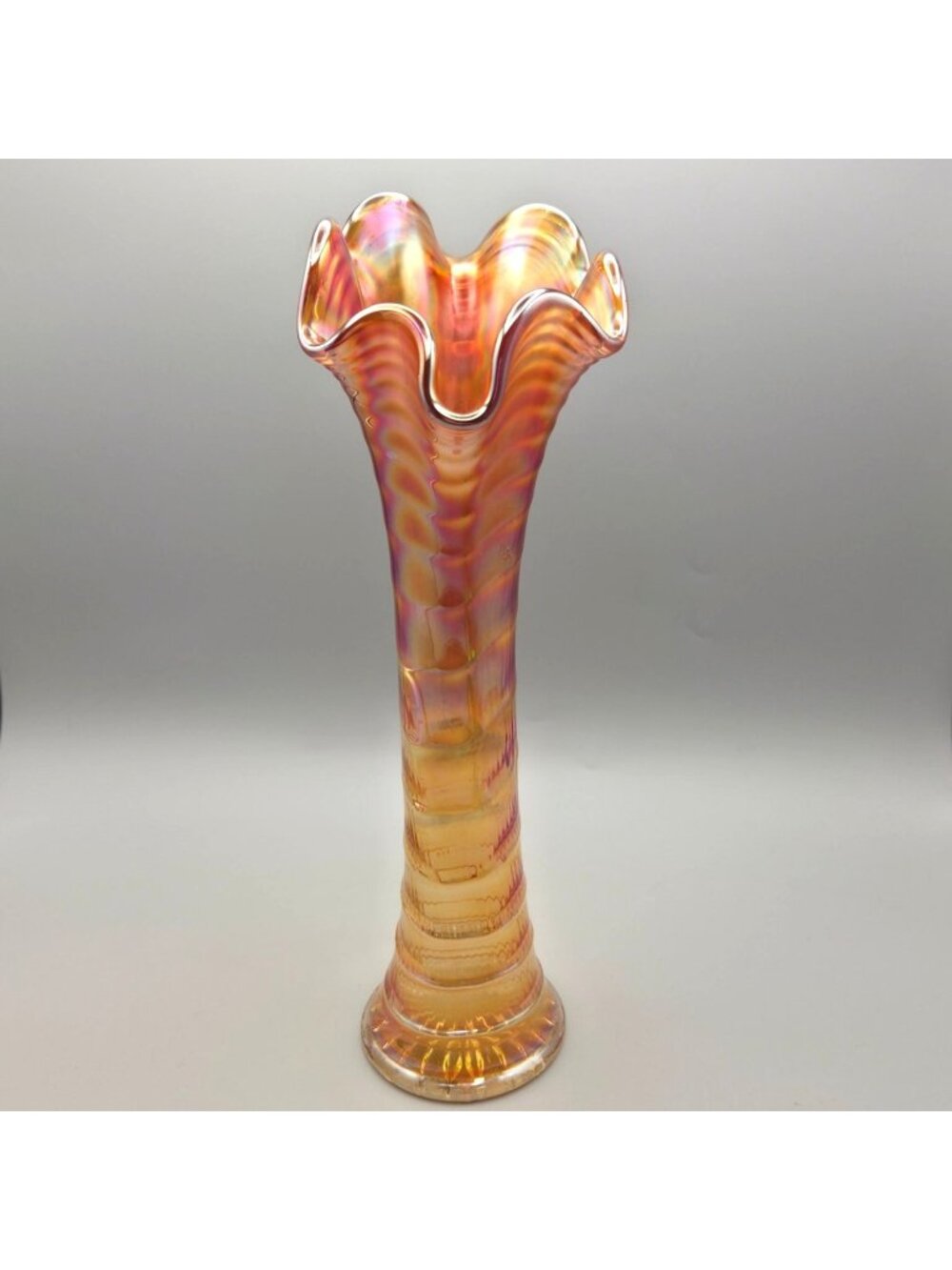 Vintage Imperial Ripple Carnival Glass Vase Ruffled Amber Iridescent Swung 11"